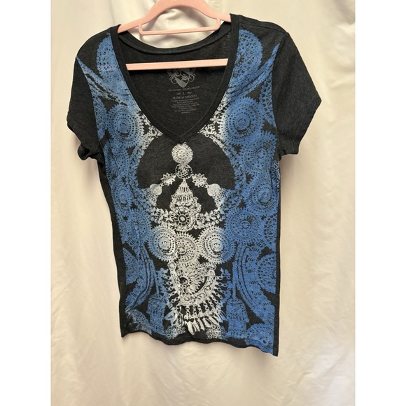 Blue Print Blouse Women's L Boho Floral‎ Abstract Lightweight Top Casual Tee - Picture 1 of 3